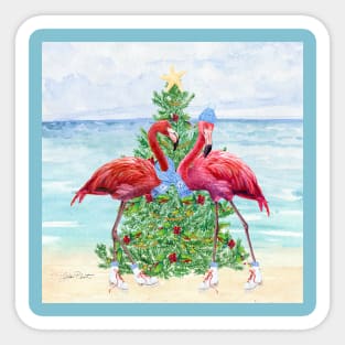 Coastal Christmas Flamingos A Sticker